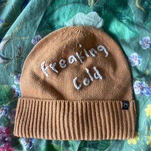 Brown Knit Beanie with White Text